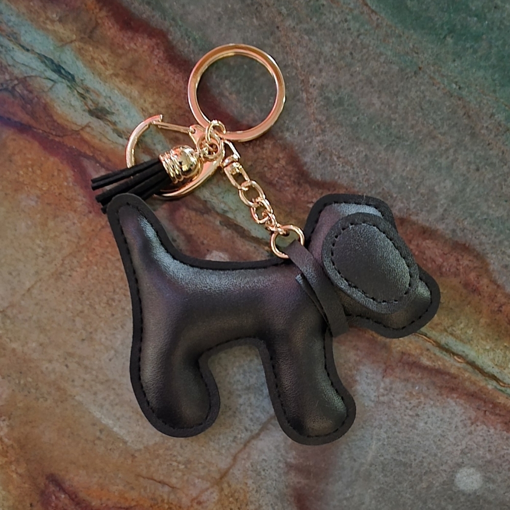 Black Dog Bag Purse Backpack Charm Keychain with Gold Details